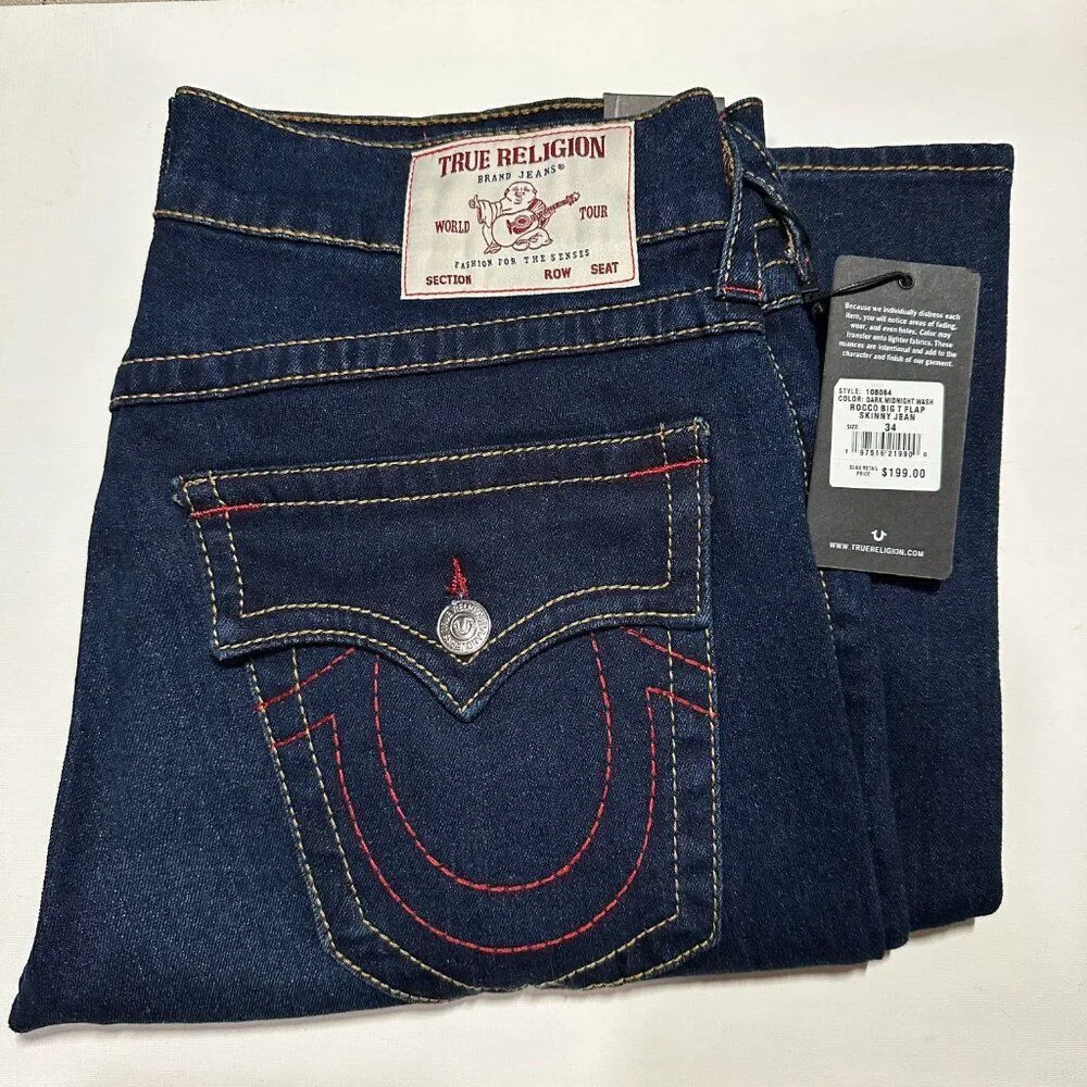 True Religion Men Jeans Blue ROCCO Big T Flap Relaxed Skinny $199 size 34 36 NEW